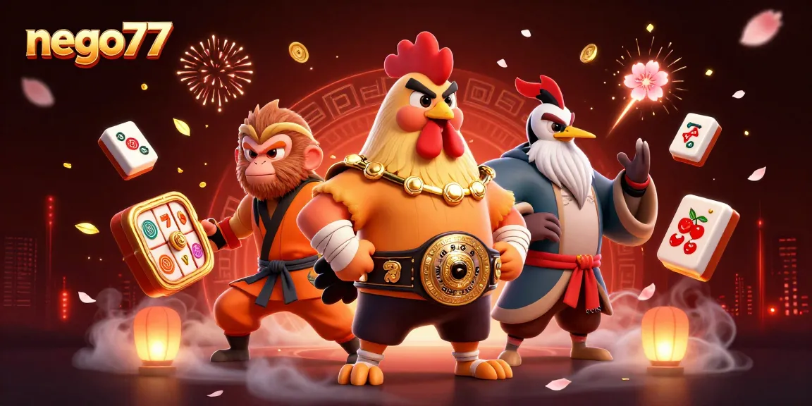 Nego77 brings excitement with powerful characters in a vibrant casino scene filled with games and festive elements.
