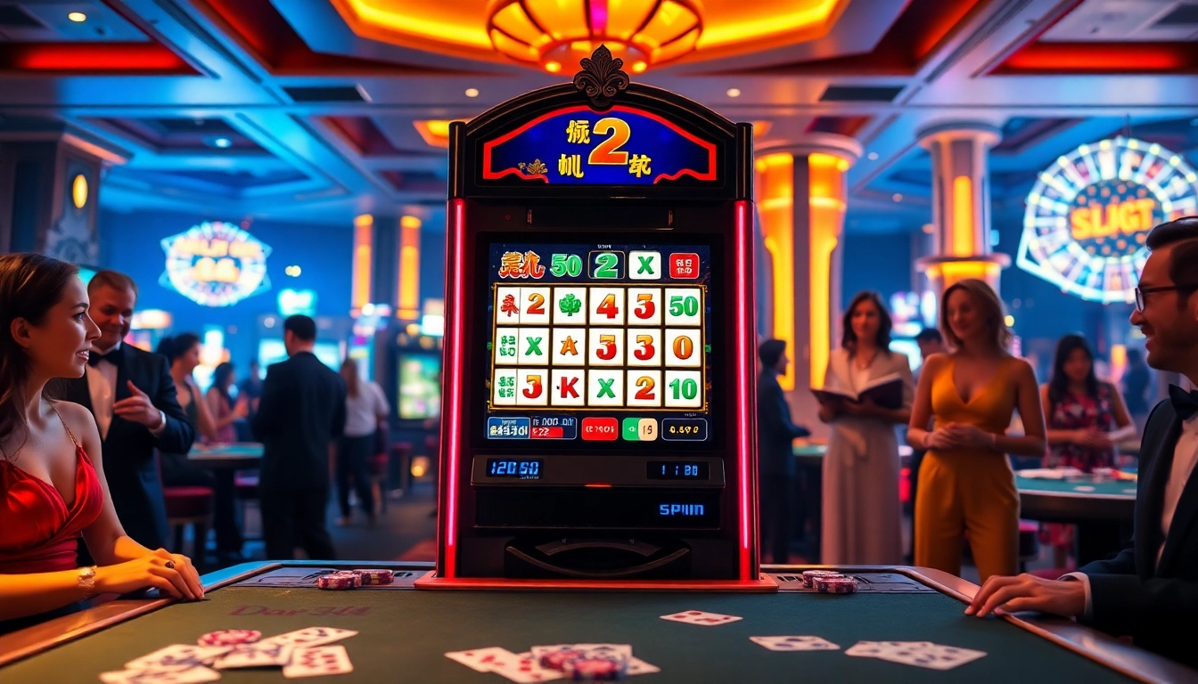 Gamblers engaging with the Mahjong Ways 2 slot machine in an elegant casino setting.