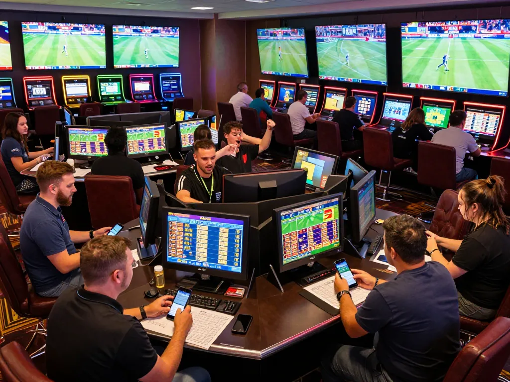 Betters analyzing odds and placing bets on exciting sports events at a modern casino, showcasing energy and engagement with 88i bets.