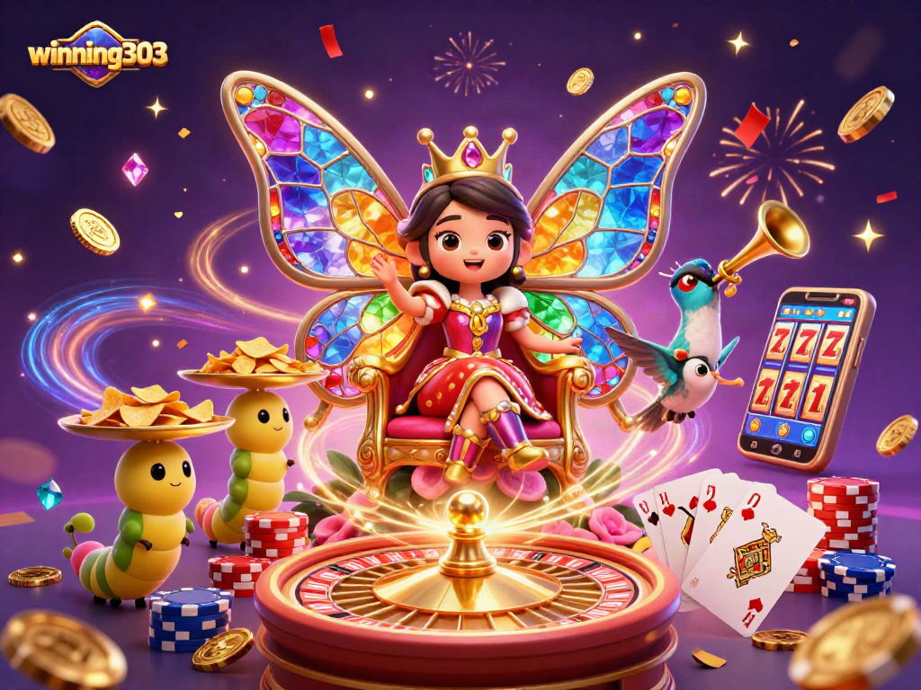 Winning303 captivates players with a vibrant butterfly queen and dynamic casino elements.