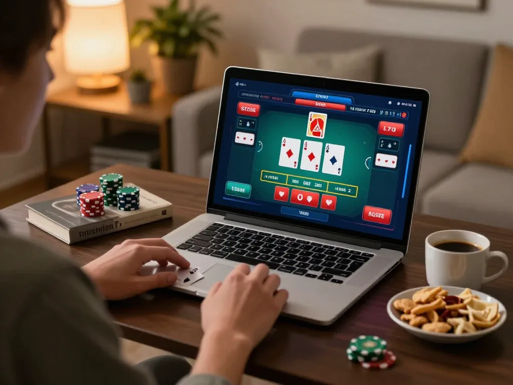 SKY88 player enjoying a live blackjack game at home, showcasing strategic gameplay and cozy environment