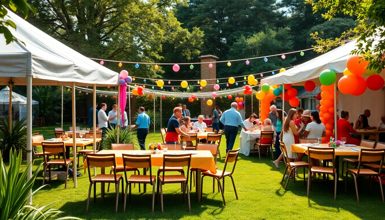 Brightly decorated outdoor party showcasing Party Rentals Near Me with tables, chairs, and festive decor.