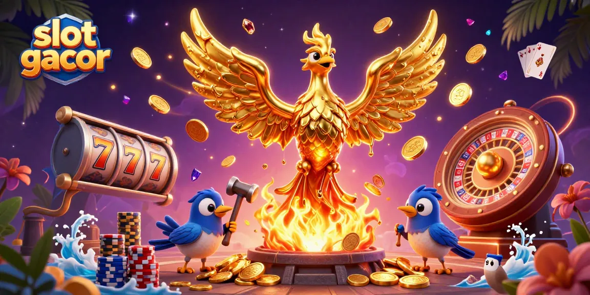 Experience big wins with slot gacor as golden coins cascade from a phoenix amidst thrilling game elements.