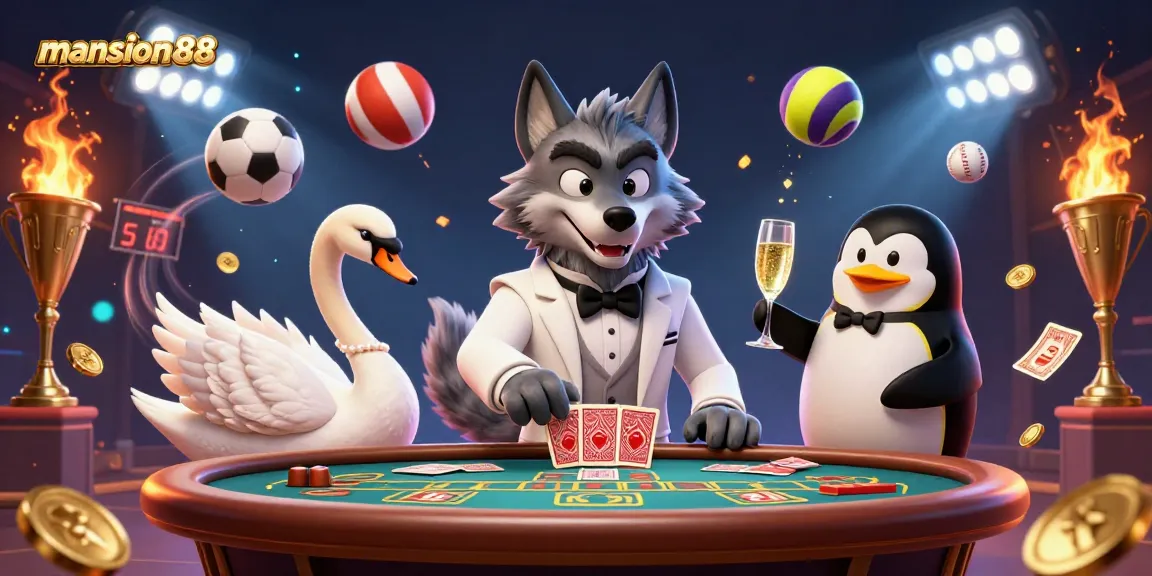 Engage with mansion88 by enjoying a thrilling baccarat scene with animated characters and vibrant sports elements.