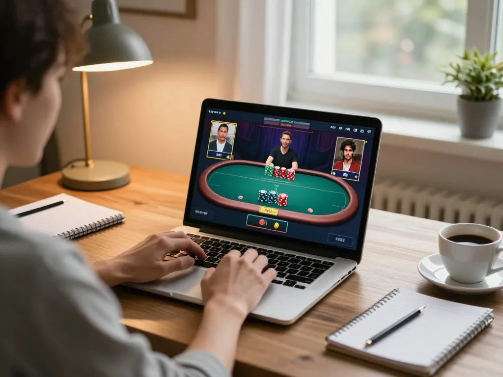 TG88 online poker gameplay with a player engaged at their laptop, showcasing betting strategies.