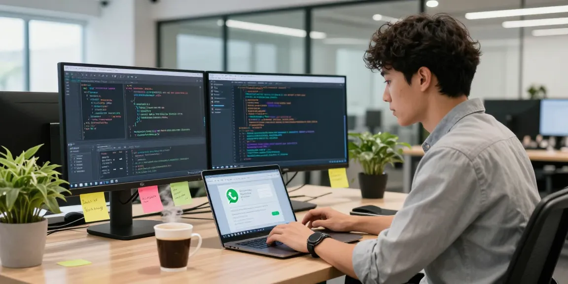 Optimized workspace for WhatsApp下載 with multiple screens and a professional engaged in coding.