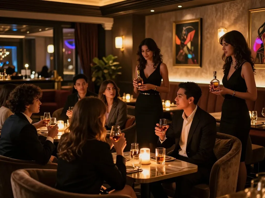 Enjoying the vibrant atmosphere at 강남쩜오, a luxurious lounge featuring high-end whiskey and elegant decor.