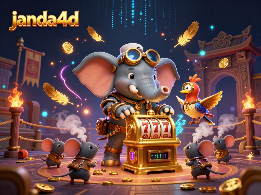 Experience the excitement of janda4d slots with a steampunk elephant in a slot machine frenzy!