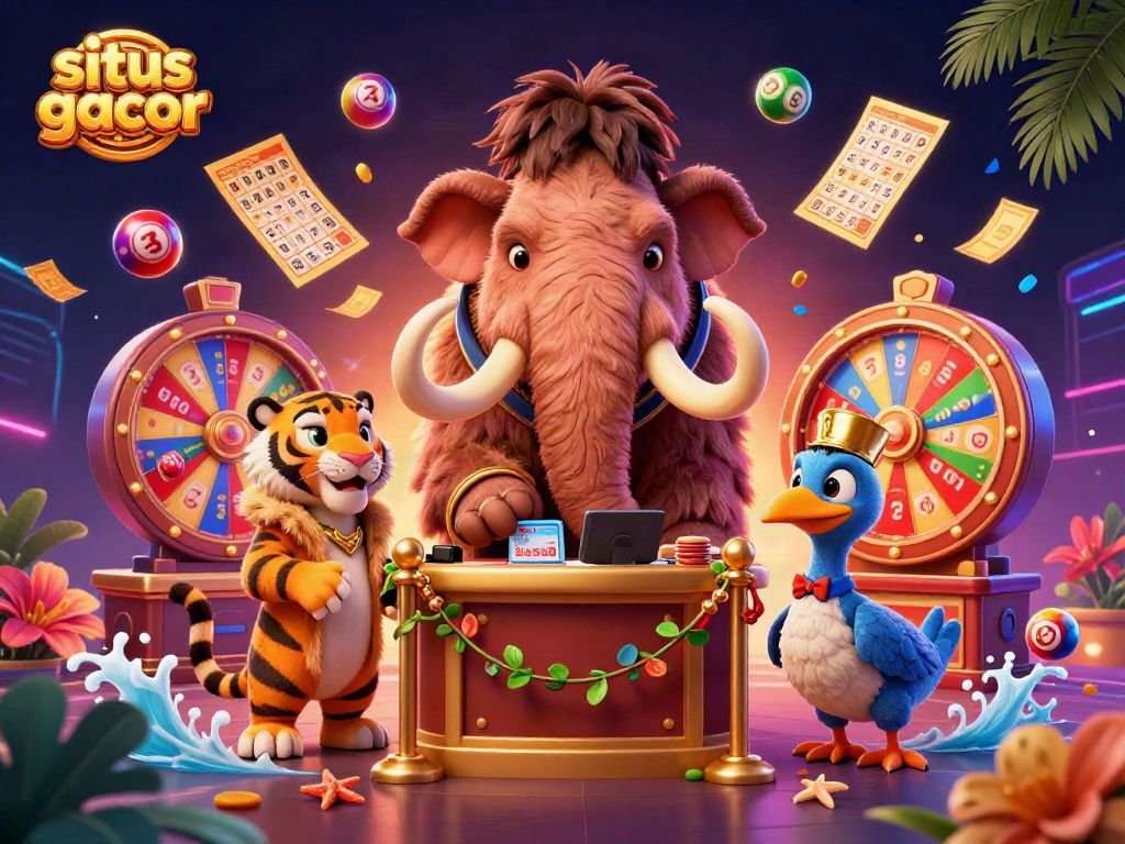 Situs gacor showcases a lively casino scene featuring a woolly mammoth bouncer and saber-tooth VIP guest.