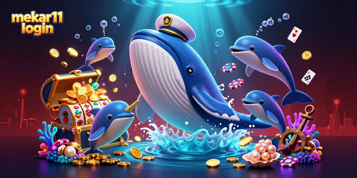 Experience excitement with mekar11 login, a vibrant 3D scene featuring playful casino elements and lively sea creatures.