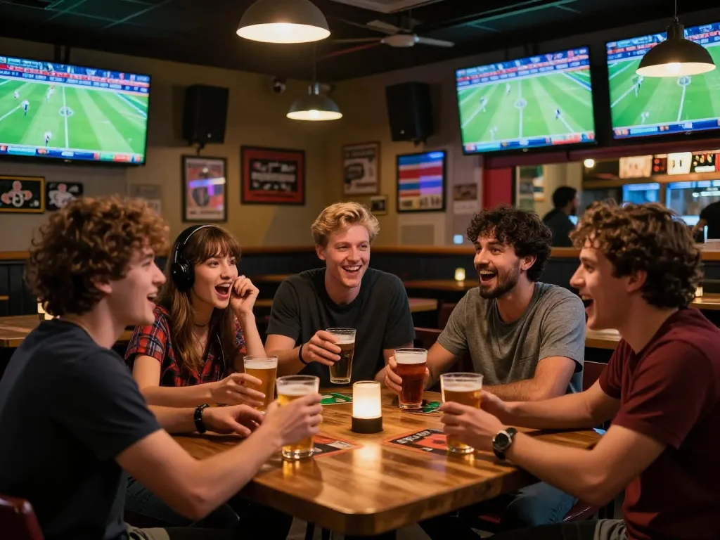 KQBD sports fans celebrating a goal at a lively sports bar, vibrant atmosphere with multiple screens showing live football matches.