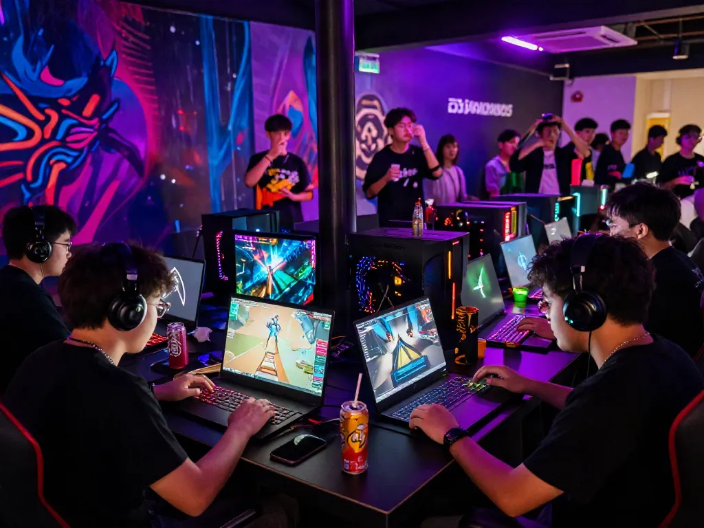 DJARUMBOS gaming event with friends gaming on laptops amidst cheering crowd and vibrant atmosphere.