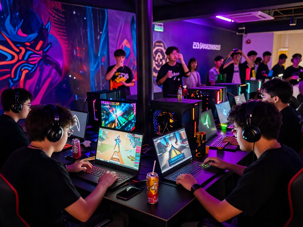 DJARUMBOS gaming event with friends gaming on laptops amidst cheering crowd and vibrant atmosphere.