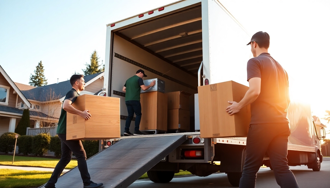 Movers Vancouver team efficiently loading furniture onto a moving truck in a sunny neighborhood.