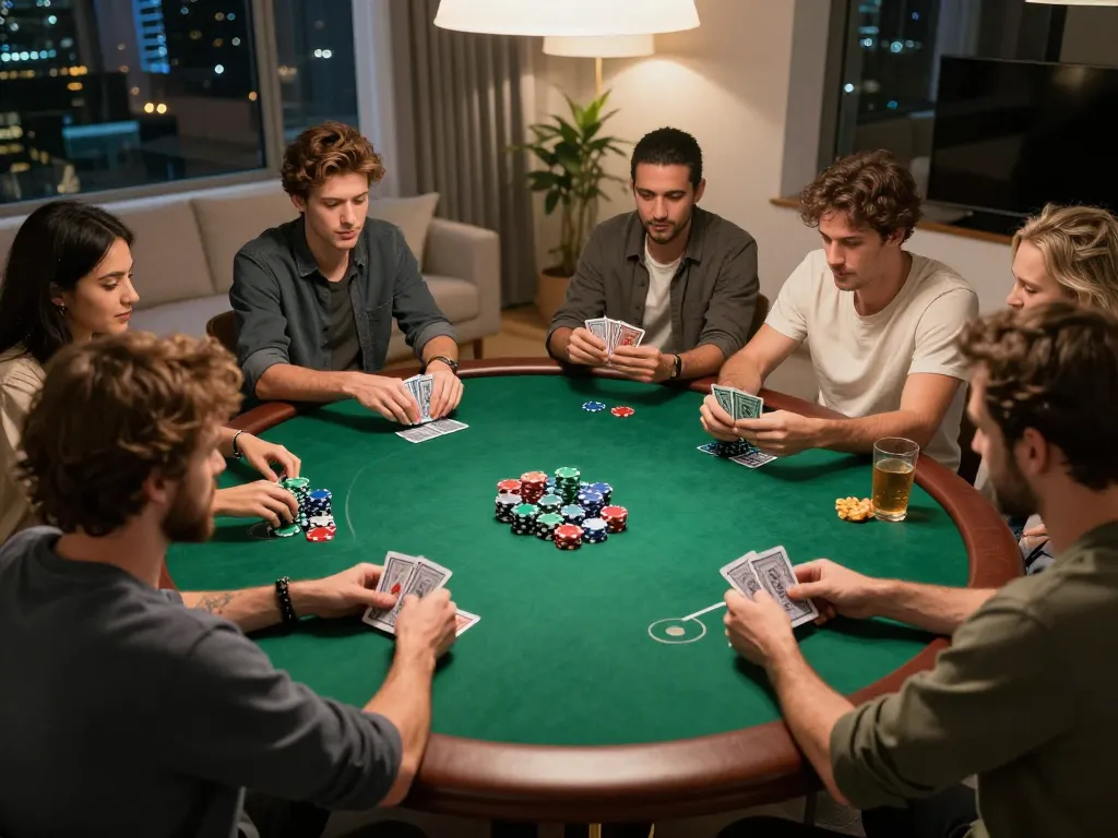 Engaging home poker night with players reviewing their hands and strategizing, highlighting BK33 poker community.