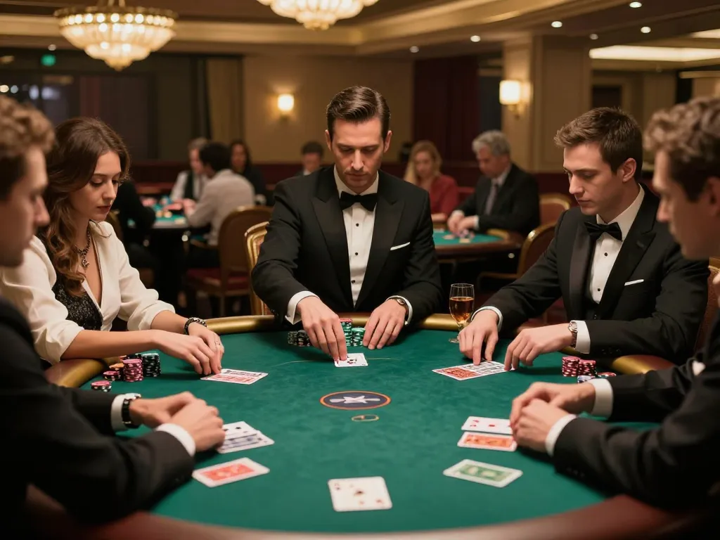 Players engaging in a high-stakes poker game at Hitclub casino, surrounded by luxury.