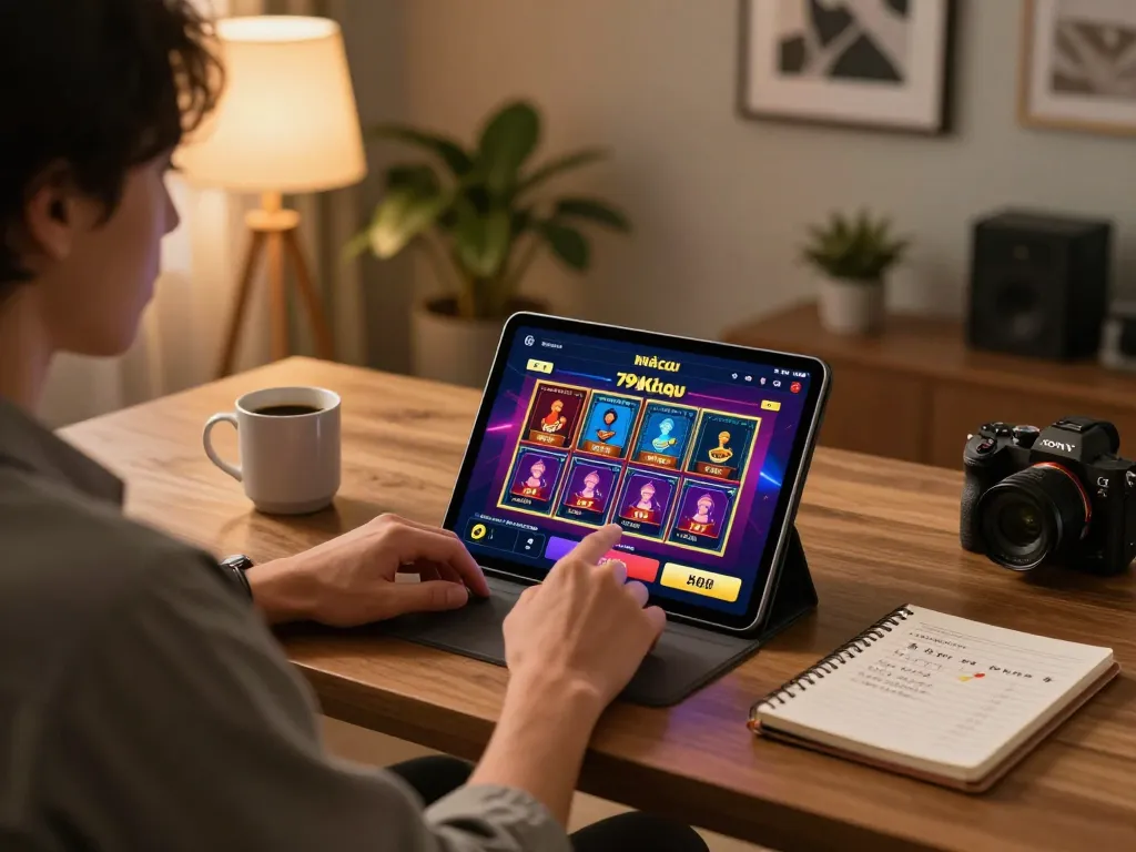 User engaging with the Nhà cái 79king mobile app for casino games, showcasing a vibrant and strategic gaming atmosphere.