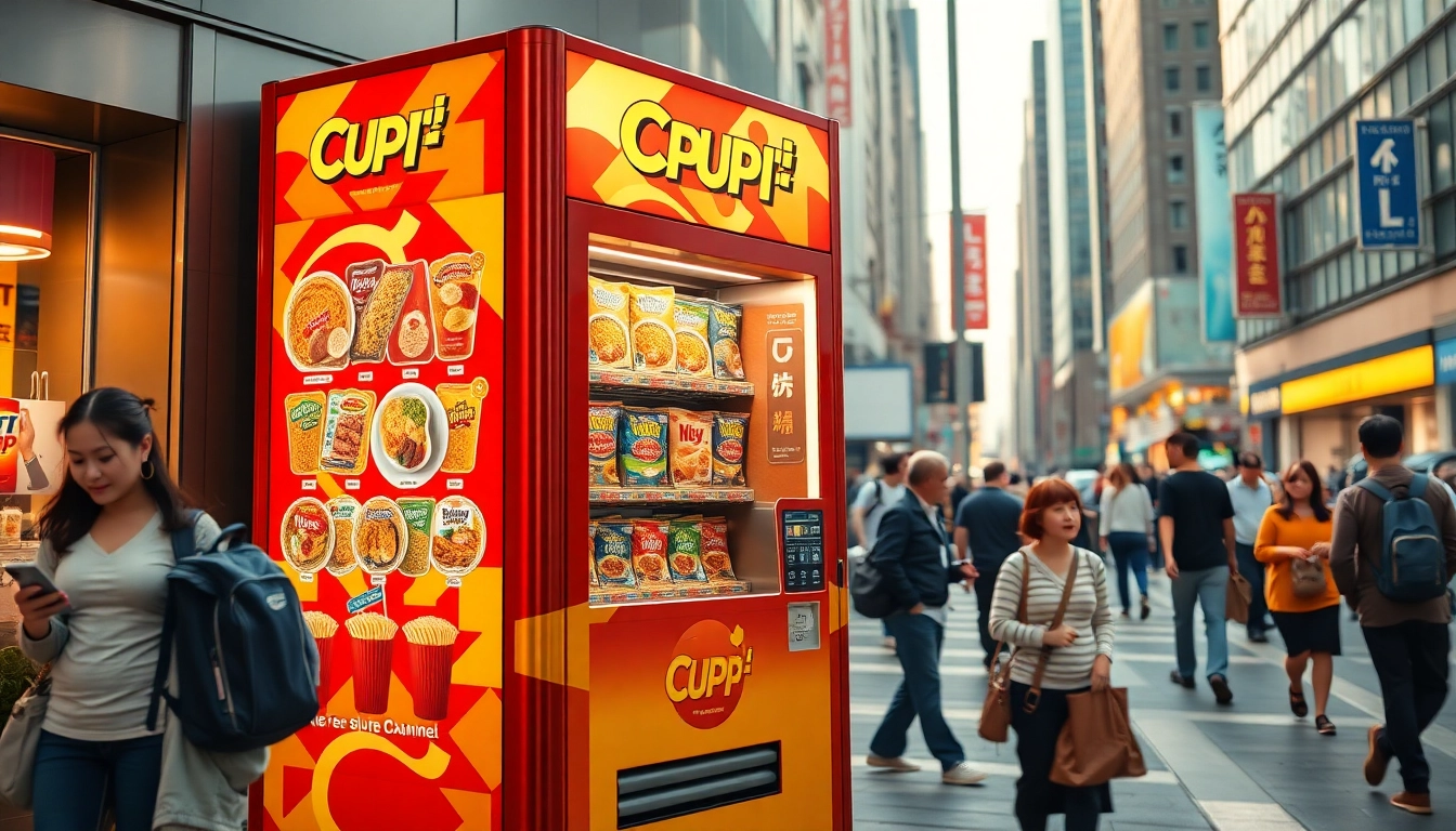 Cup noodle vending machine dispensing steaming noodles in a busy urban setting.