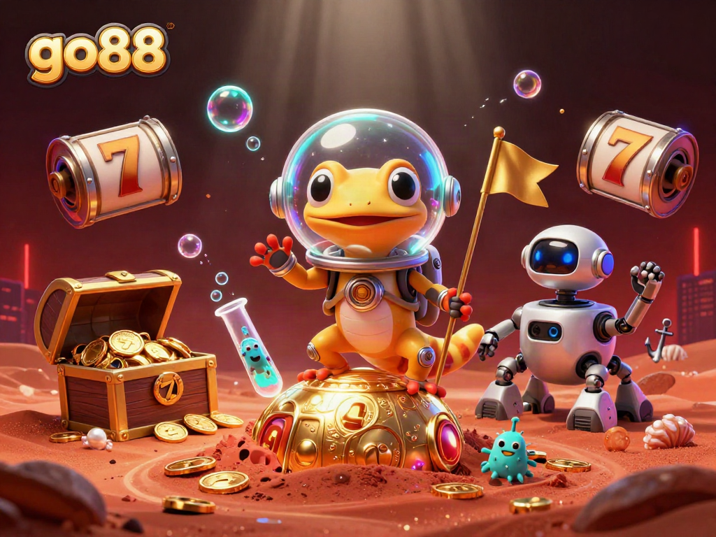 Spin and win at go88 with the Martian gecko exploring a casino filled with treasures, coins, and gaming elements.