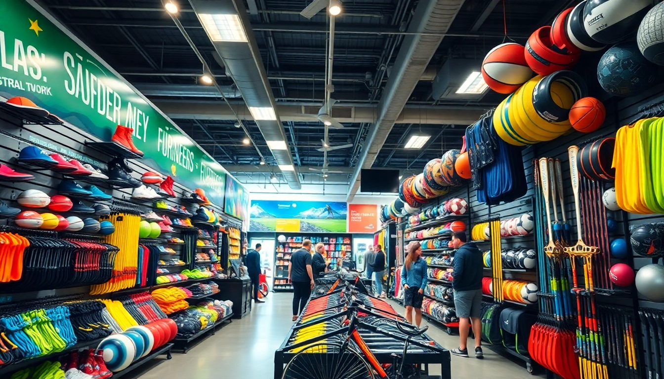 Compra en tienda de deportes con variedad de equipos y ropa deportiva.