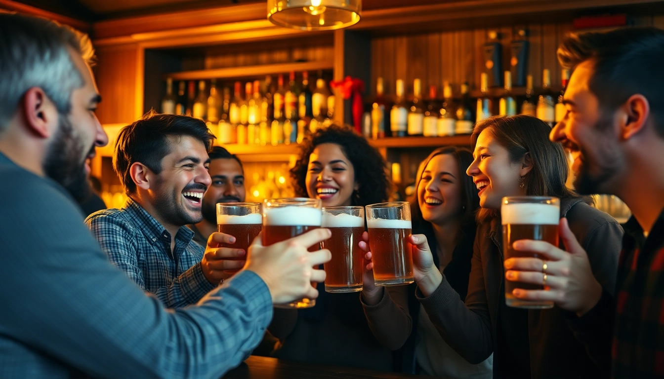 Group of friends enjoying drinks at a bar, illustrating why do we say on the lash in a joyful atmosphere.