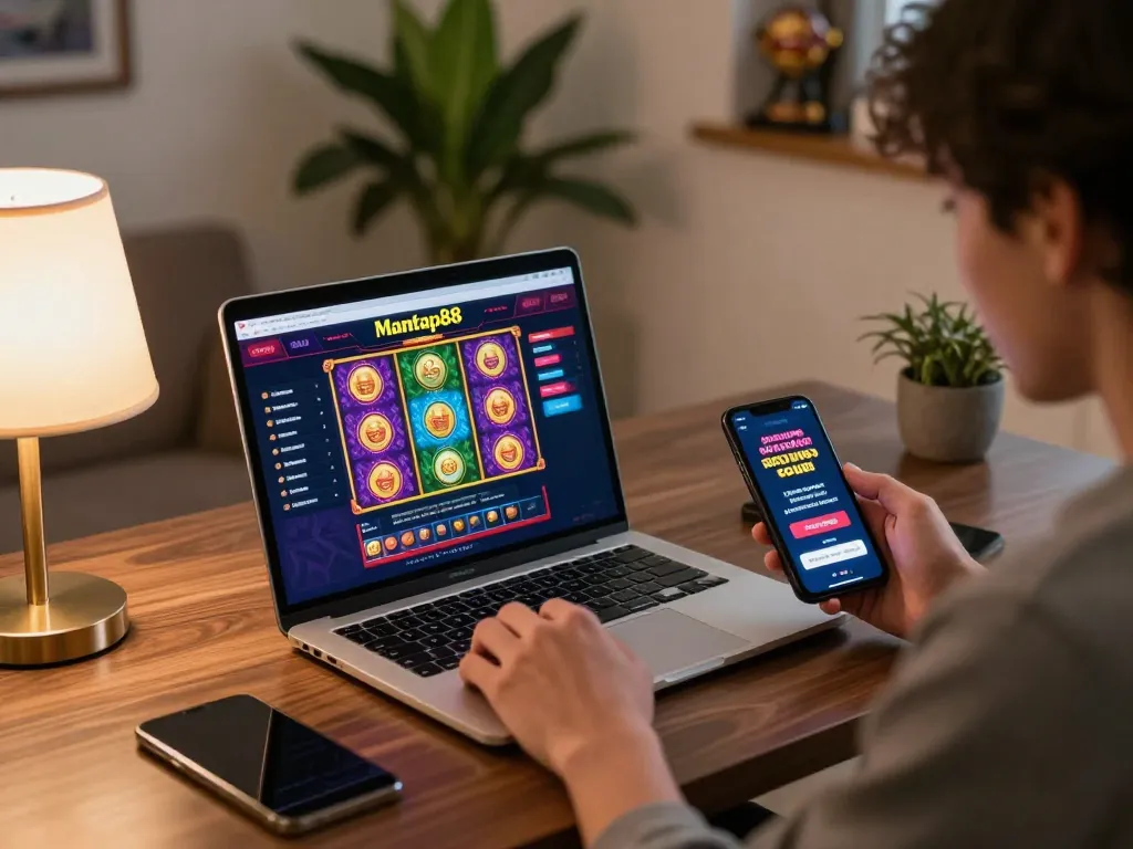 Mantap88 - Best Link Free Credit Casino setup showcasing an engaging online gaming atmosphere with a player at a laptop.
