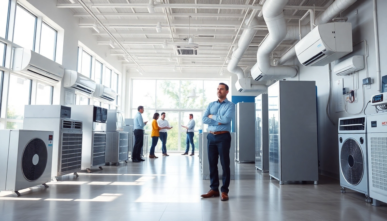 HVAC dealers showcase energy-efficient systems in a modern showroom filled with natural light.