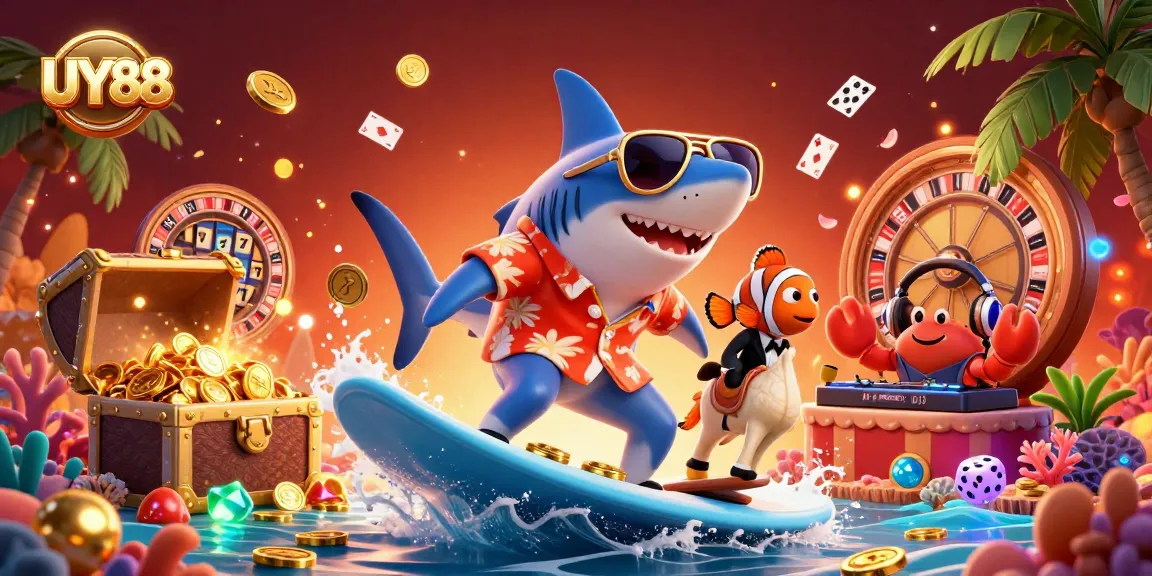 Experience thrilling UY88 gaming with a cartoon shark amidst colorful casino elements.