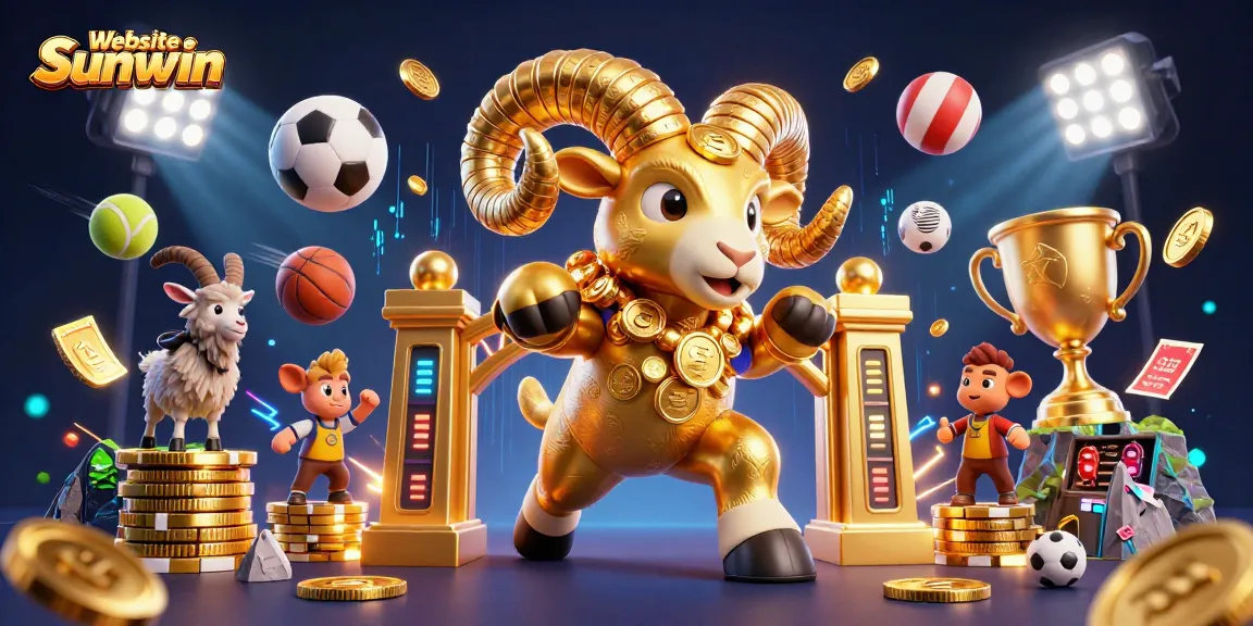 Win big at Website Sunwin with a dynamic casino scene featuring sports betting action and colorful trophies.