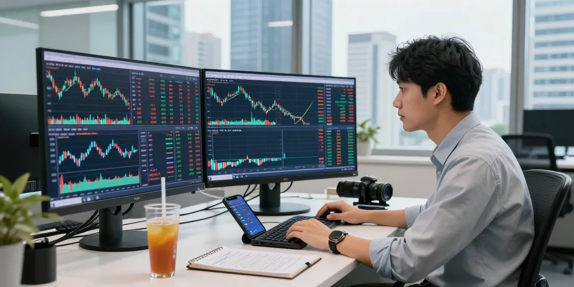 Engaged trader analyzing forex market live prices on multiple screens in a modern office environment