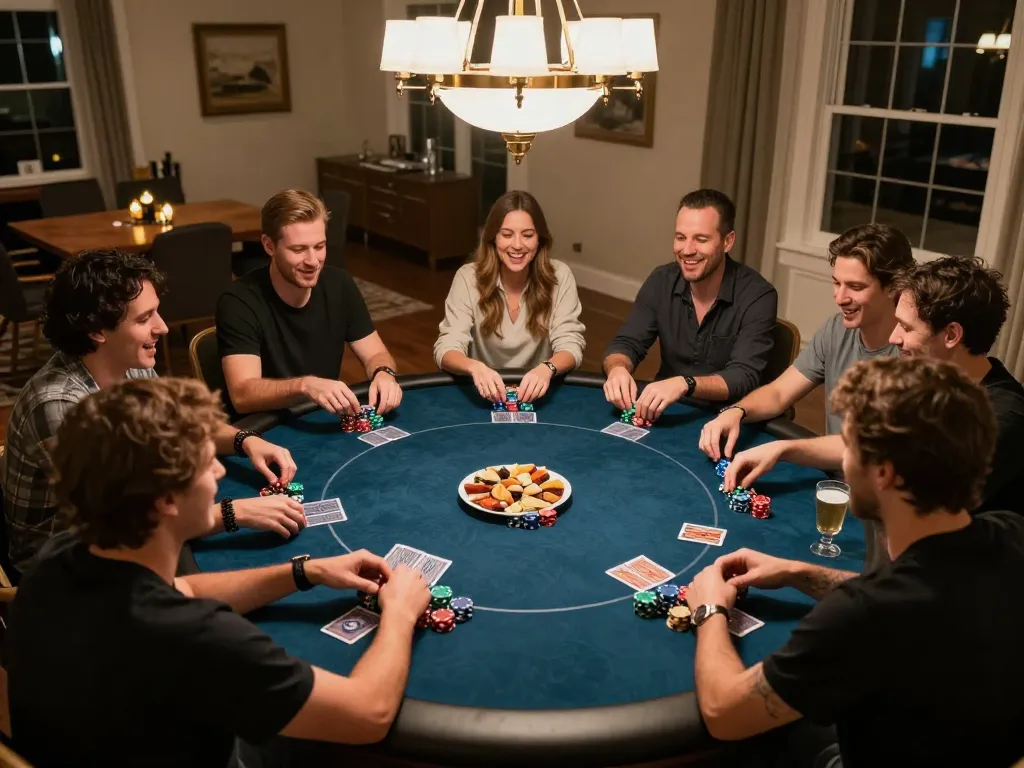 Players enjoying a lively home poker night with alexis77, chips and cards scattered on a circular table.