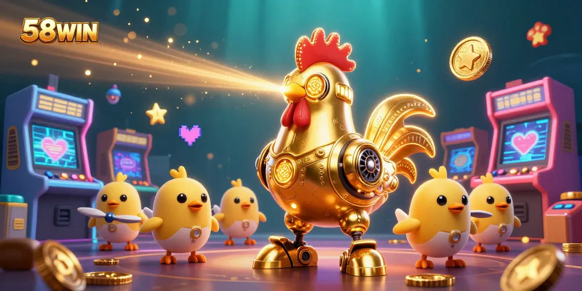 58WIN presents an exhilarating scene with a golden rooster robot and chick drones engaging in dynamic gameplay.
