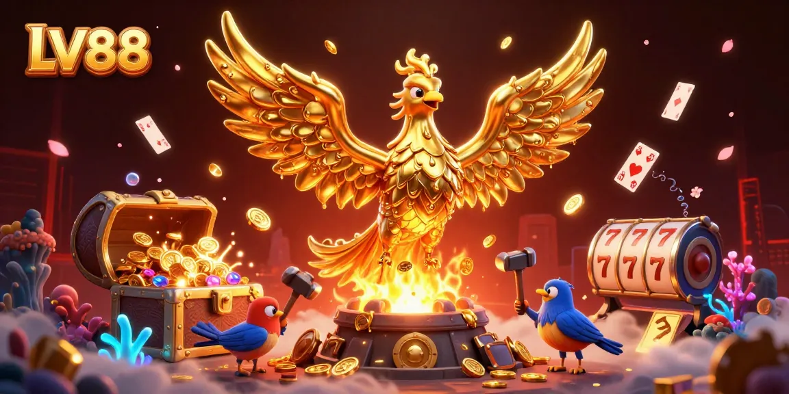 Experience exciting wins at LV88, showcasing a golden phoenix and vibrant casino elements in a rich 3D scene.
