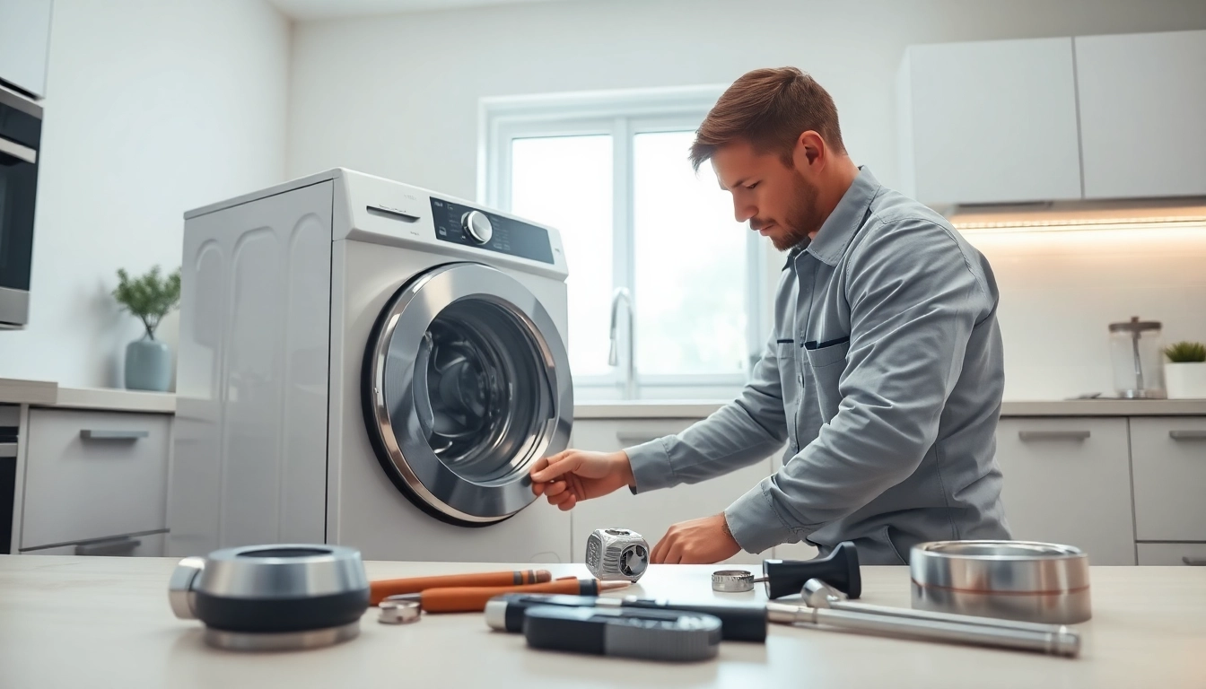 Expert appliance repair technician fixing a washing machine in a bright kitchen.