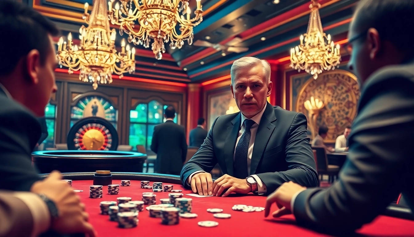 CEO 888new making strategic moves at a luxurious poker table amidst a vibrant casino atmosphere.