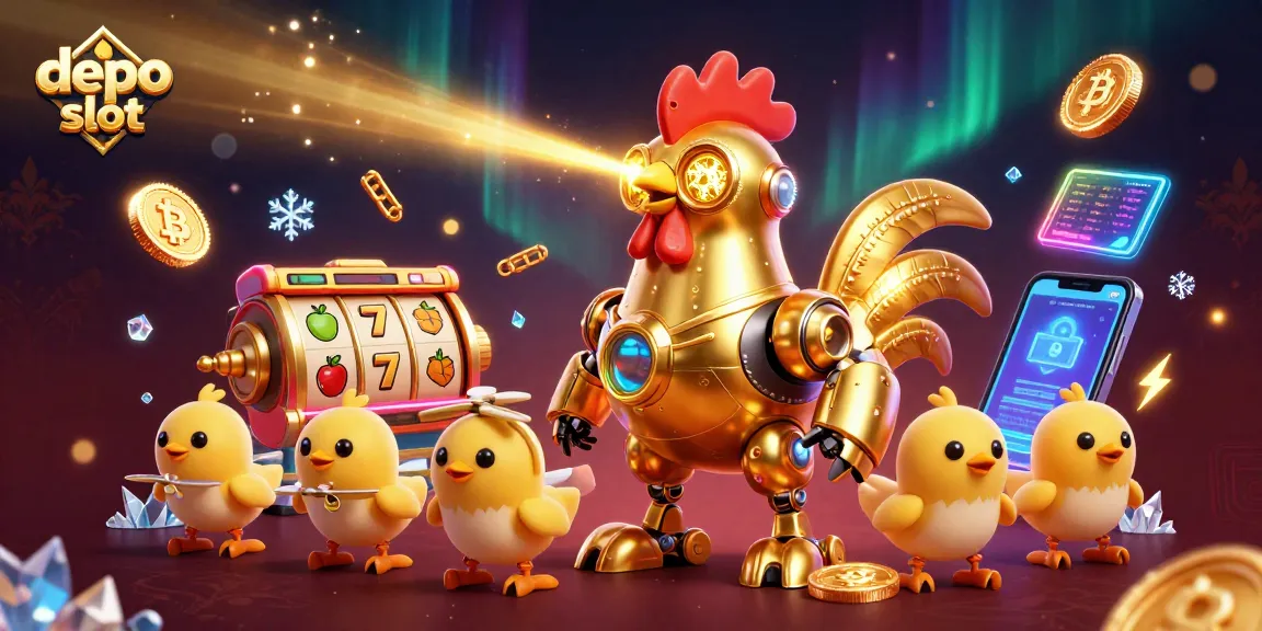 Engage with depo slot experience featuring a golden rooster robot, slot symbols, and digital currencies.