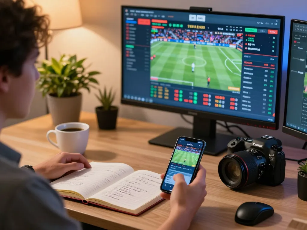 Engaging in online sports betting with multiple screens displaying odds and strategies at a modern workspace, ormastoto betting experience showcased.