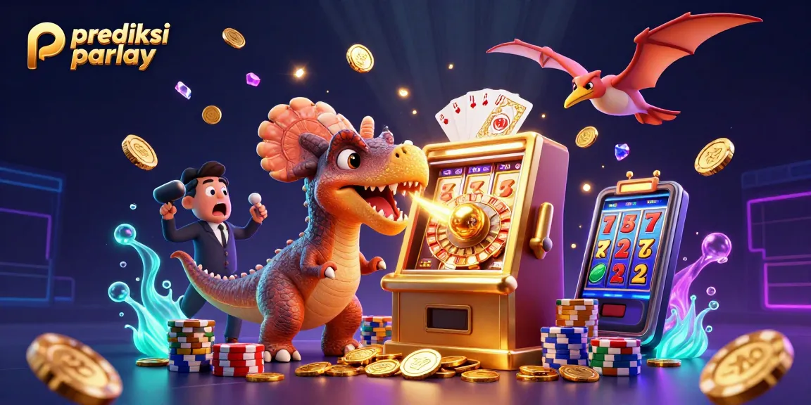 Experience thrilling prediksi parlay action with dinosaurs in a vibrant casino scene.