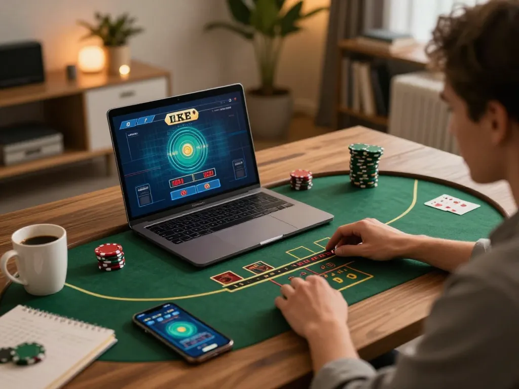 Player enjoying an online blackjack game at home on 678vip, showcasing a cozy gaming atmosphere.