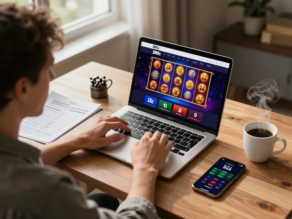 Player using the 3Win platform for online casino, showcasing a vibrant gaming interface and strategic notes.