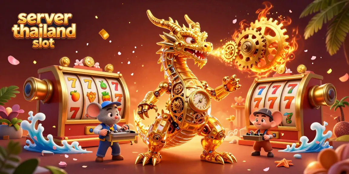 Win big with server thailand slot in a dynamic scene featuring a golden dragon and exciting game elements.