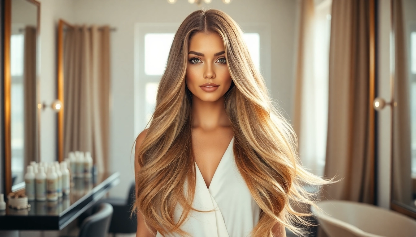 Model flaunting invisi edge clip in hair extensions in a bright, stylish salon setting.