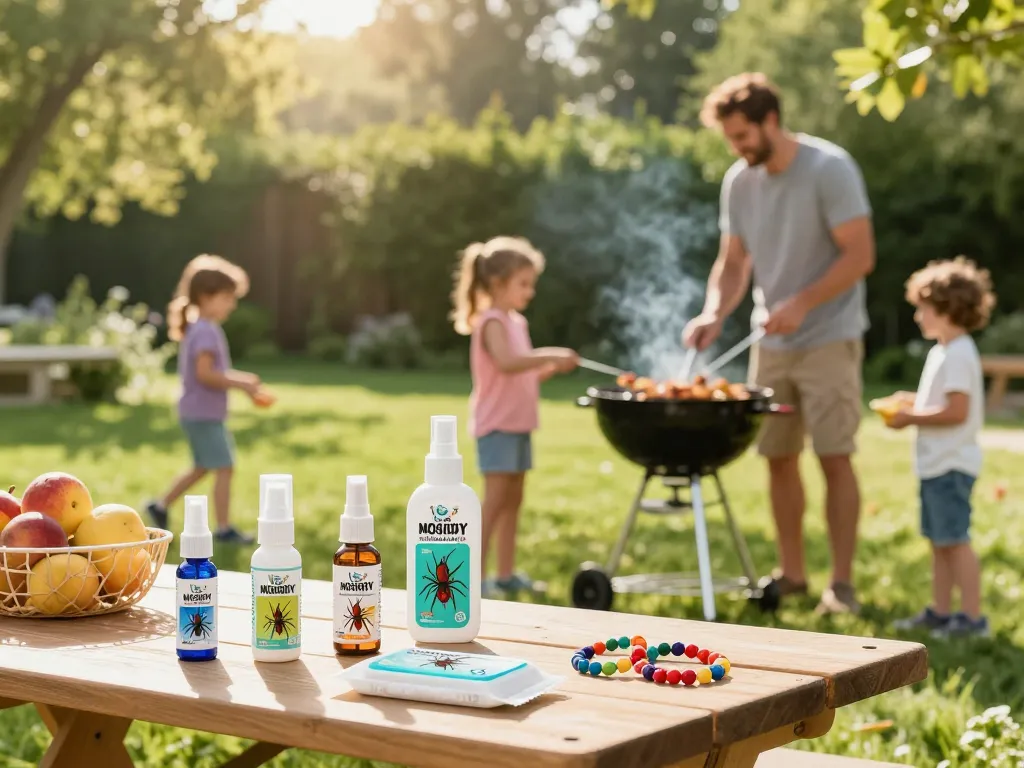Best Mosquito Repellent products showcased during a fun family barbecue scene.