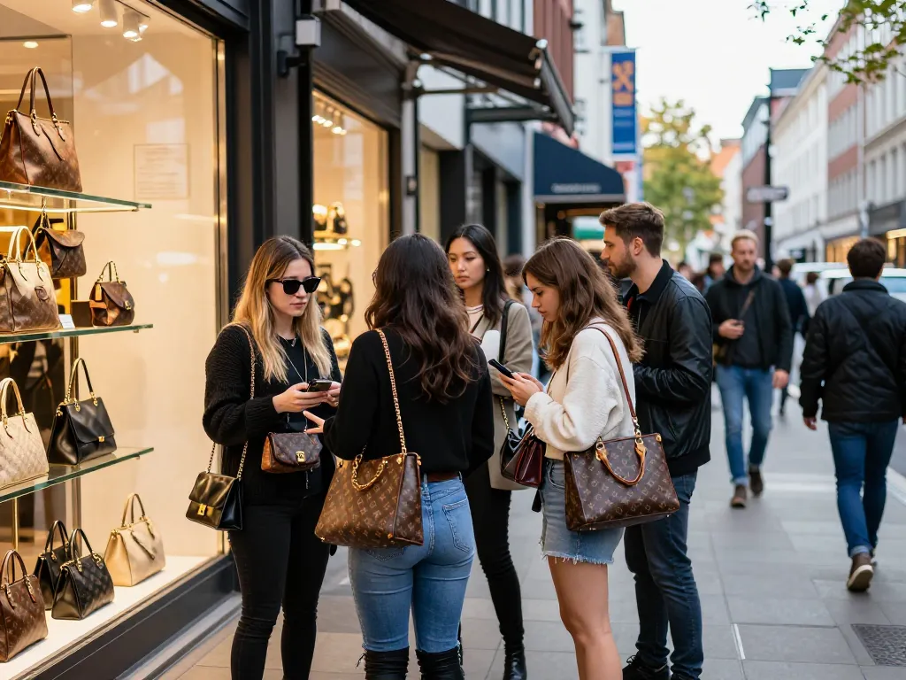 Fashion-forward shoppers exploring stylish 레플리카 luxury items in an urban setting.