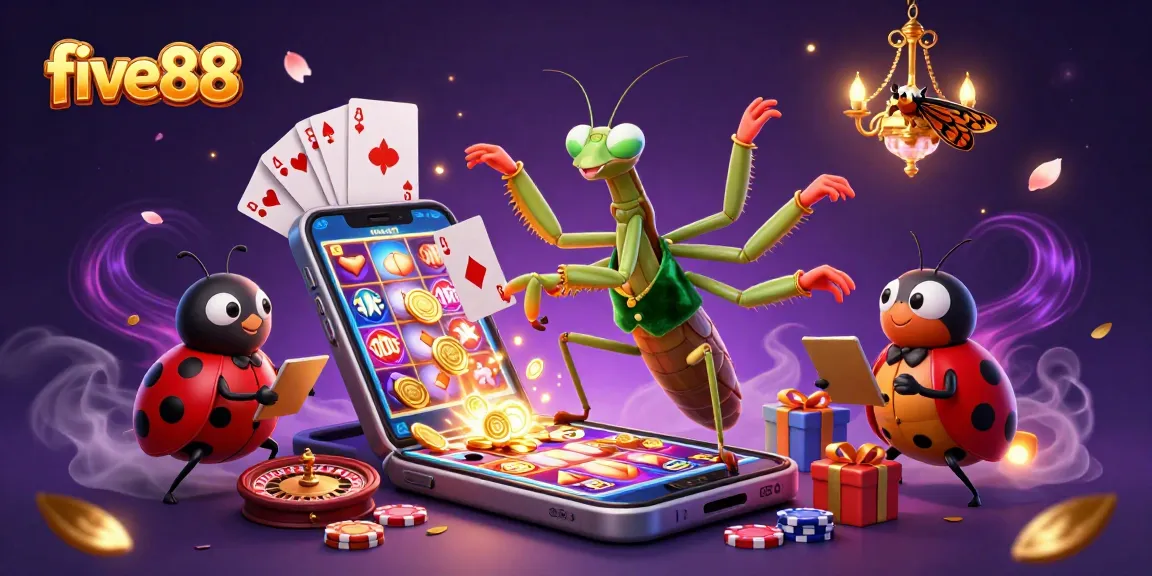 Experience the excitement at five88 with vibrant characters and dynamic gambling elements in a detailed casino scene