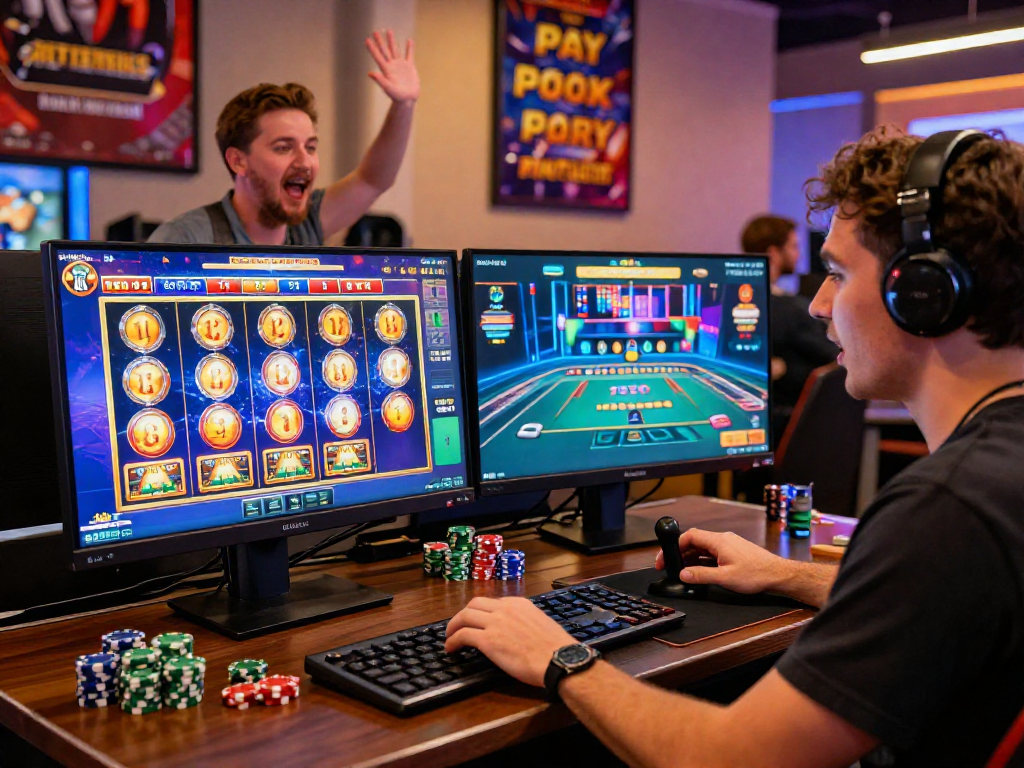 Exciting gaming scene with a player engaging in uk bonus buy slots at a dual-monitor setup, showcasing vibrant casino elements.