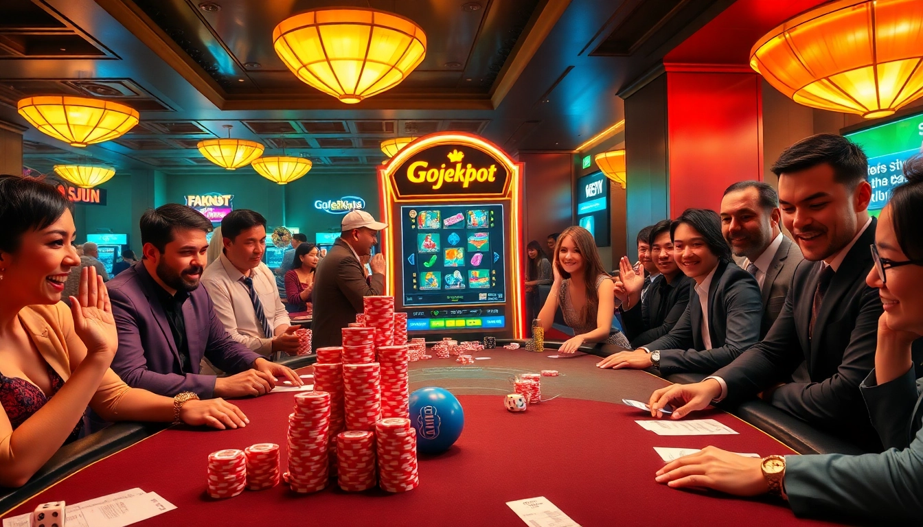 Gojekpot slot machine surrounded by excited players at a luxurious casino table.