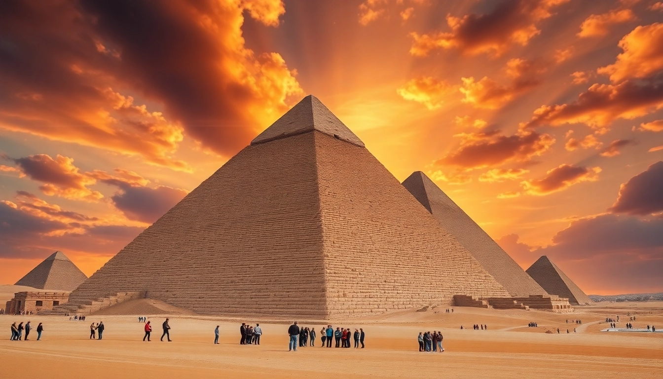 Visit https://piraminds.com/ to see tourists exploring the Great Pyramid of Giza at sunset.