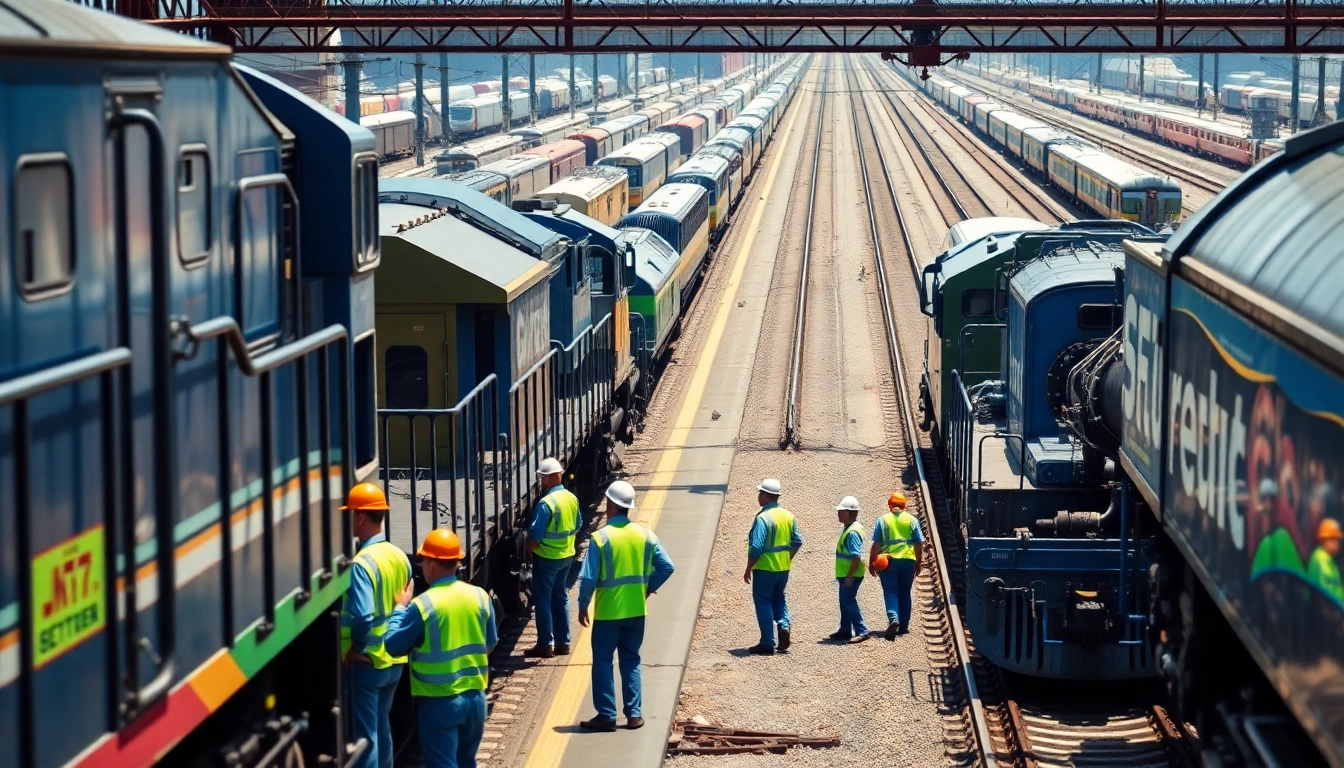 Railway company workers inspect trains in a busy yard, showcasing industry professionalism.