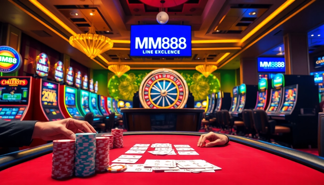 MM88 casino scene with vibrant poker tables, slot machines, and roulette wheels, highlighting excitement.